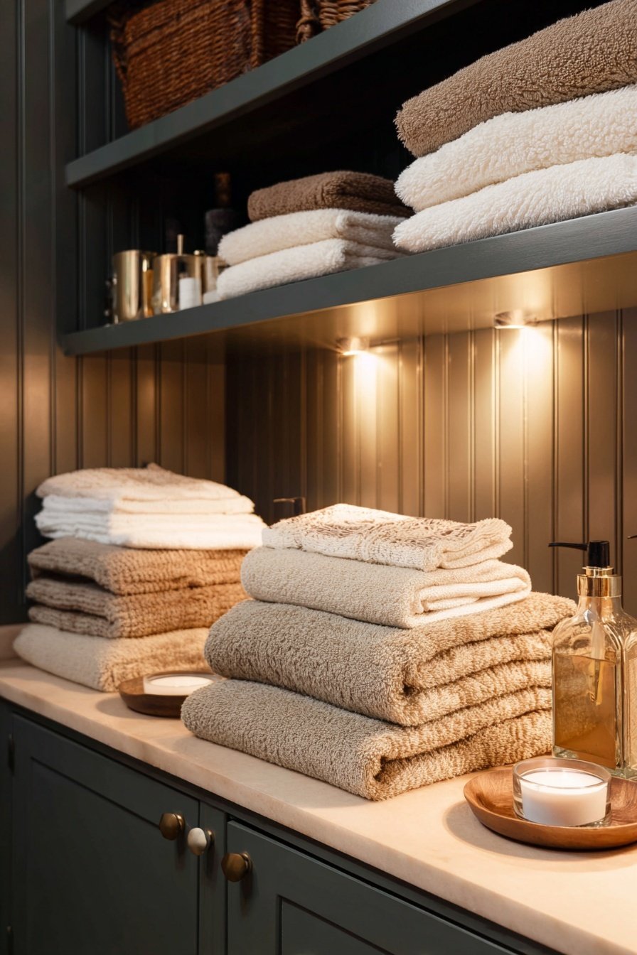 Gefaltete Handtücher in Naturtönen auf dunklen Badmöbeln mit stimmungsvoller Beleuchtung