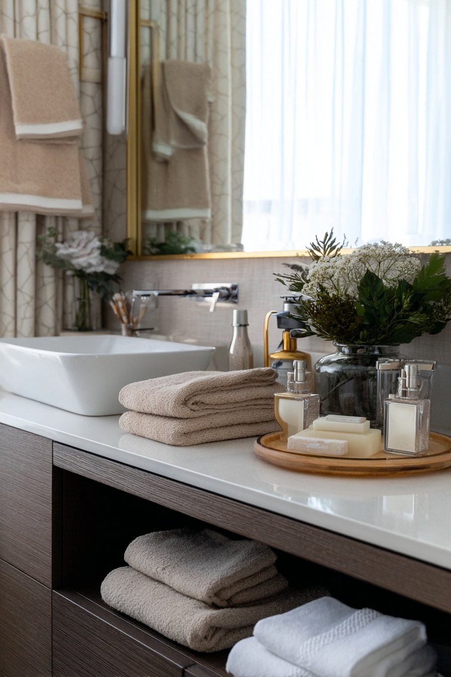 Modernes Gäste-WC mit dunklem Holz, weißen Handtüchern und stilvollen Badaccessoires