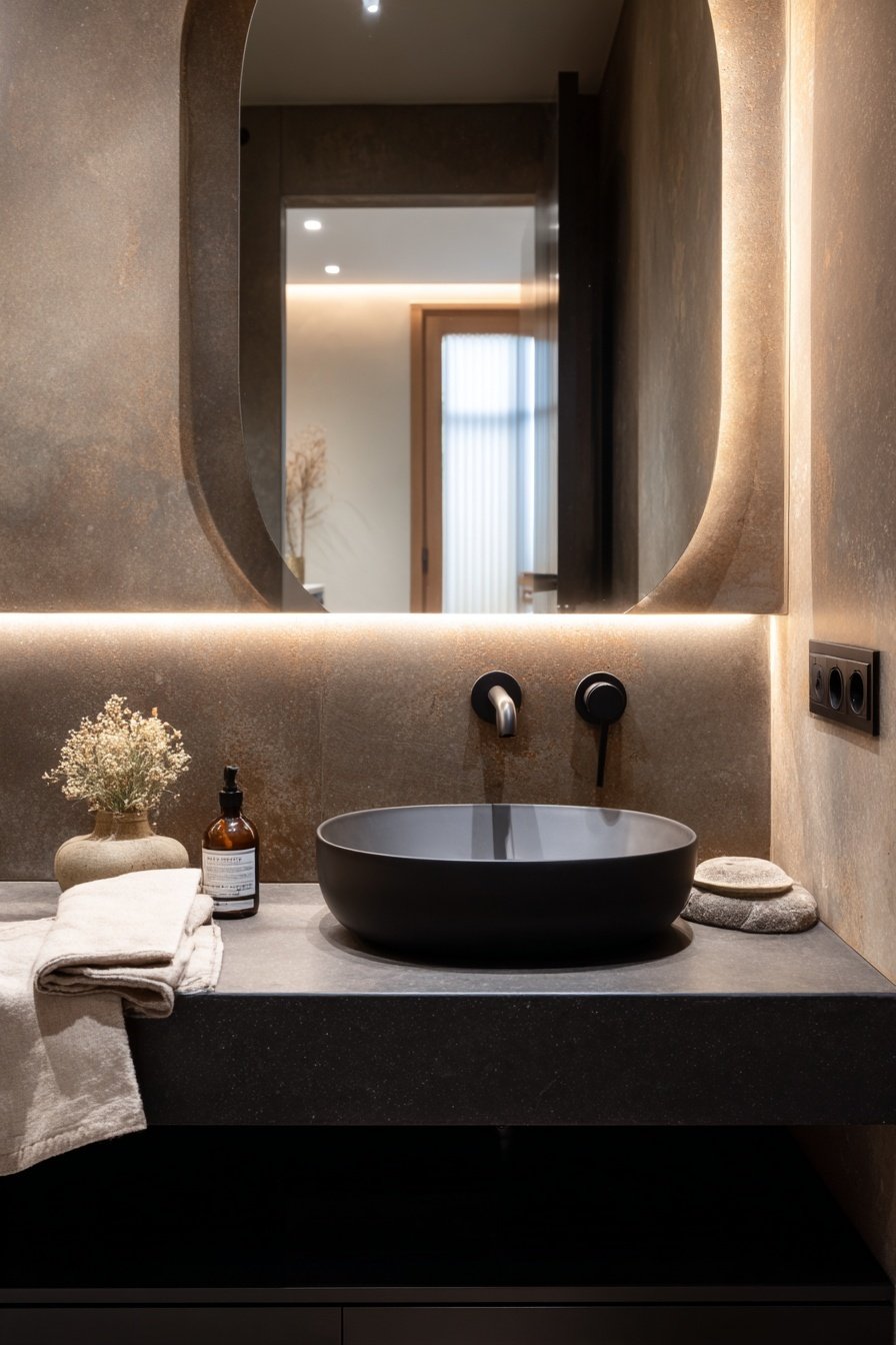 Modernes Gäste-WC mit dunklem Waschbecken und stimmungsvoller Beleuchtung