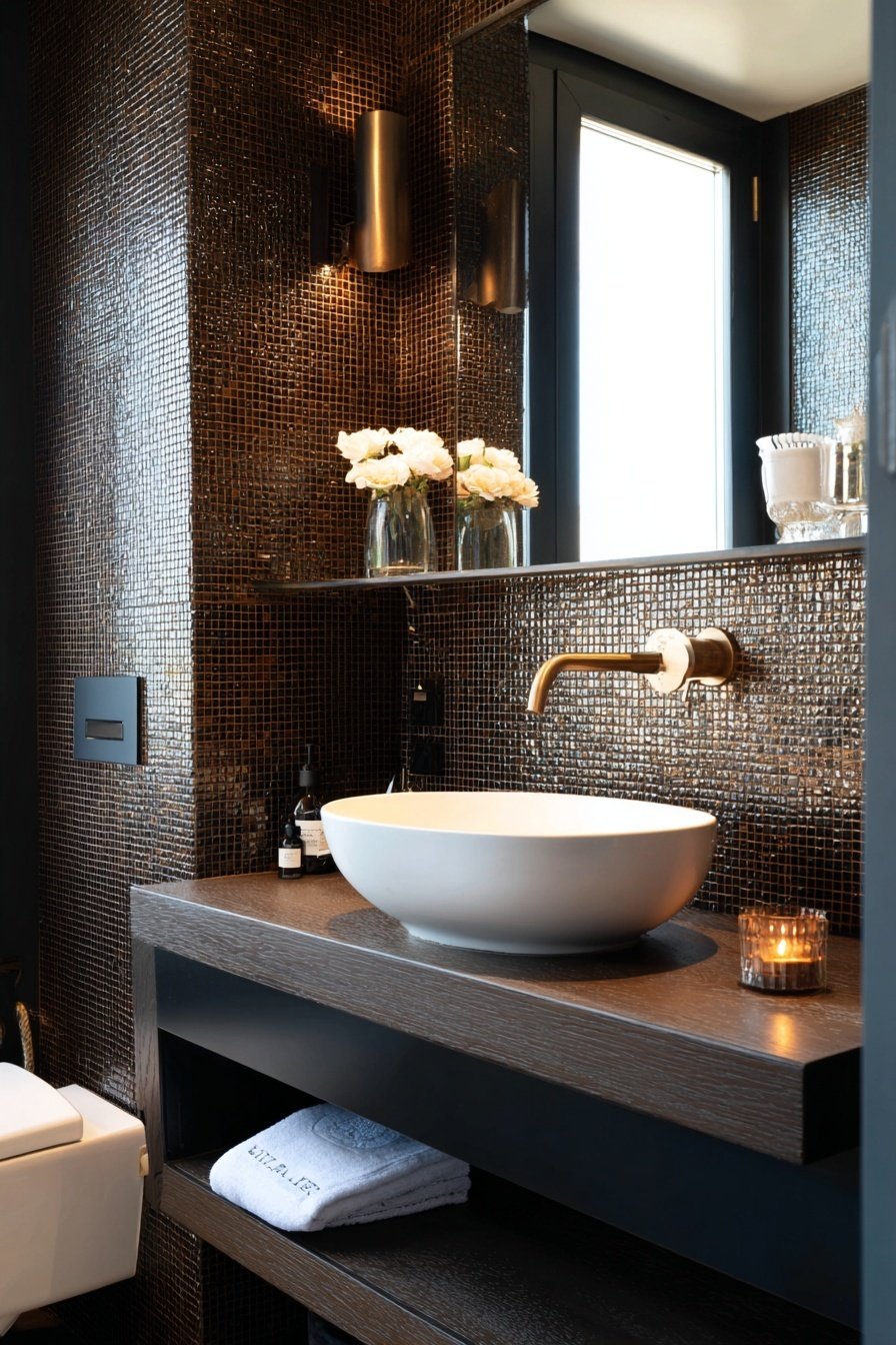 Modernes Gäste-WC mit dunklem Mosaik, Aufsatzwaschbecken und goldfarbener Armatur