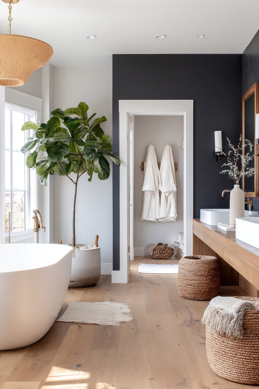 Modernes Badezimmer mit dunkler Wand, Holzdetails und Pflanzen