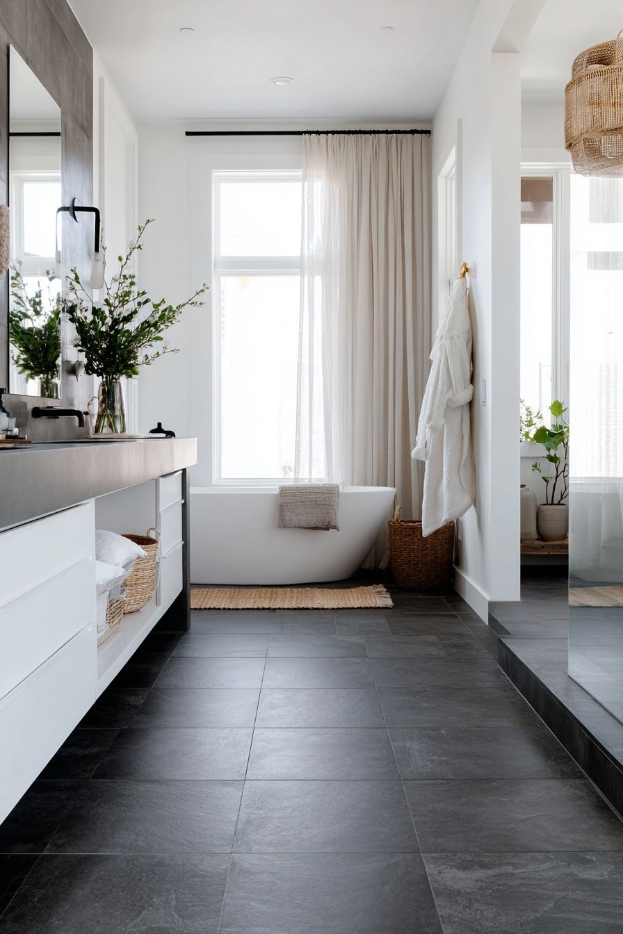 Modernes Badezimmer mit dunklem Fliesenboden und freistehender Badewanne