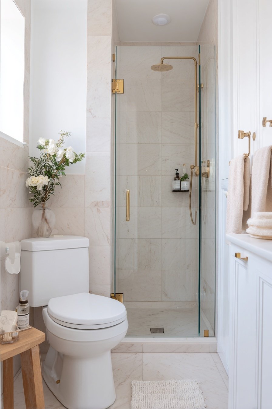 Kleines Gäste-WC mit Glasdusche, goldener Armatur und hellen Fliesen