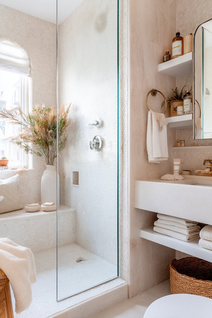 Helles Gäste WC mit begehbarer Dusche, Naturdeko und großzügigem Fenster