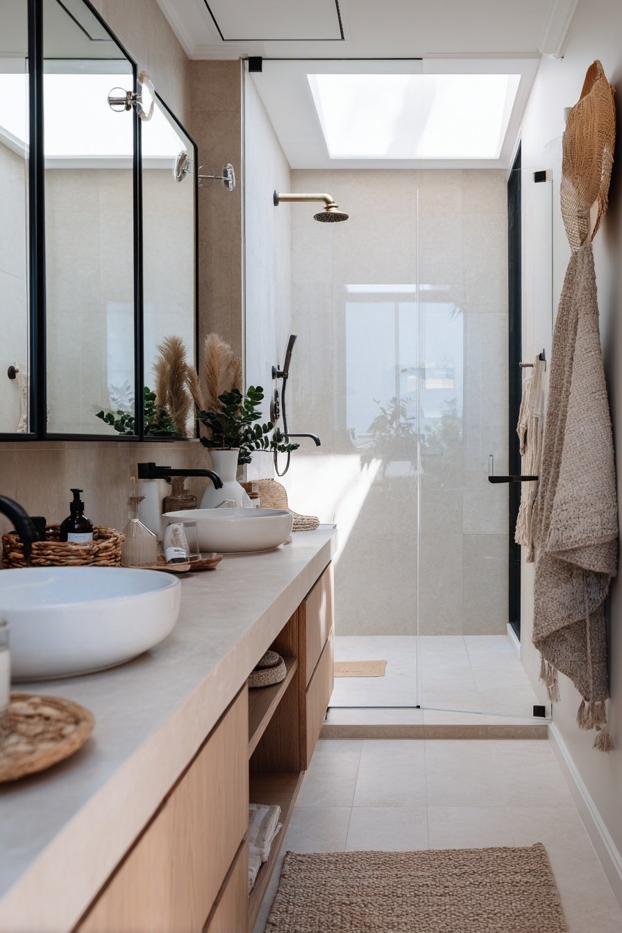 Modernes Gäste-WC mit Tageslicht, offener Dusche und Naturdeko