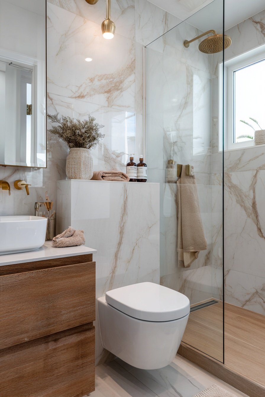 Kompaktes Gäste-WC mit begehbarer Dusche, Holz- und Marmoroptik