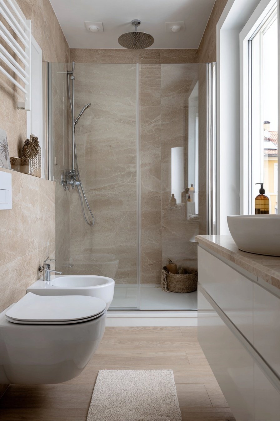 Modernes Gäste WC mit Dusche, Bidet und heller Natursteinoptik