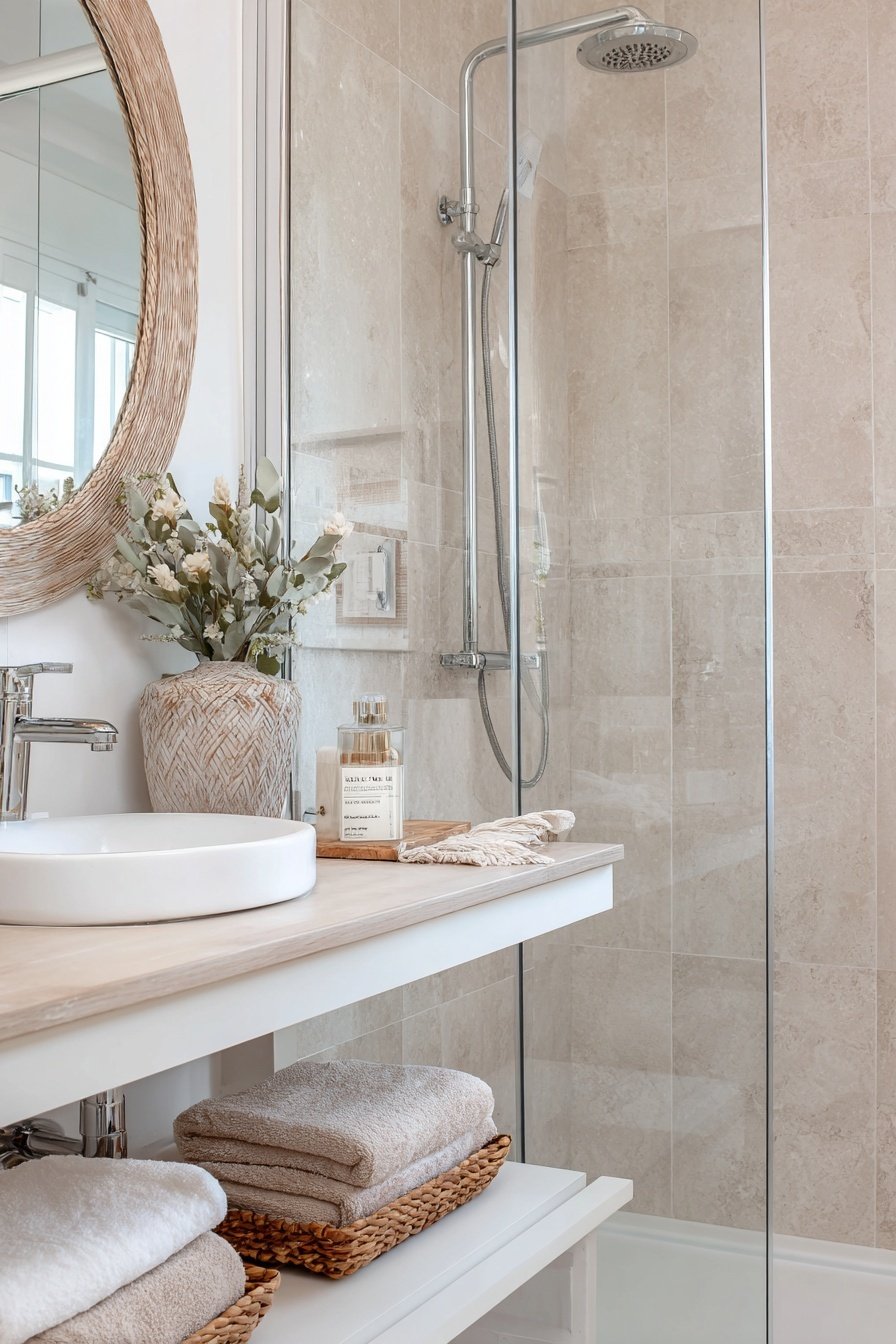 Kleines Gäste-WC mit offener Dusche, runder Spiegel und dekorativer Waschtisch