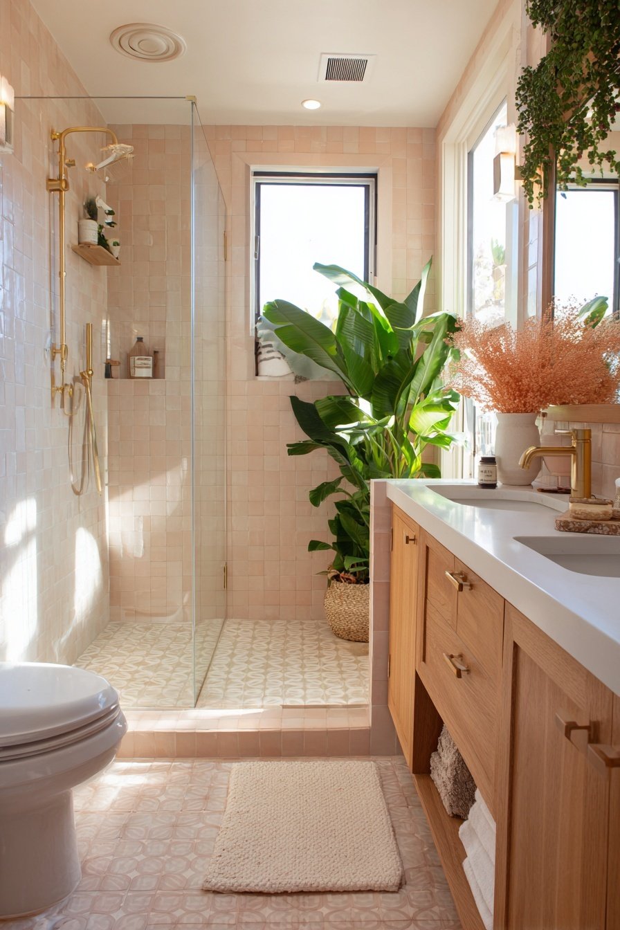 Modernes Gäste-WC mit Dusche, Holzdetails und Pflanzen