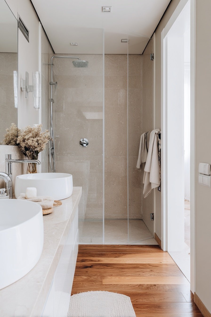 Modernes Gäste-WC mit bodengleicher Dusche, Doppelwaschbecken und hellen Naturtönen