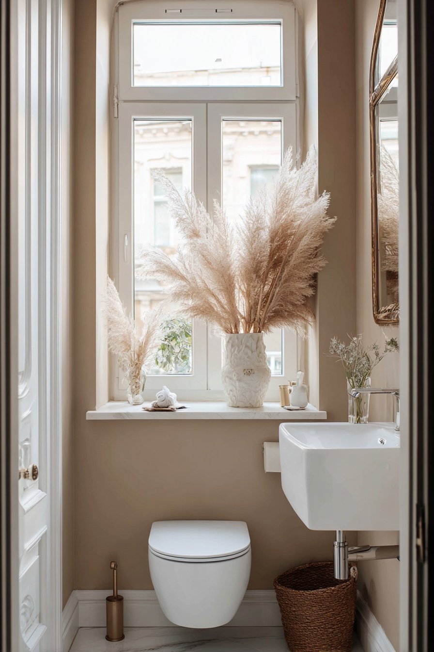 Kleines Gäste-WC mit Fenster, Pampasgras-Dekoration und Wand-WC