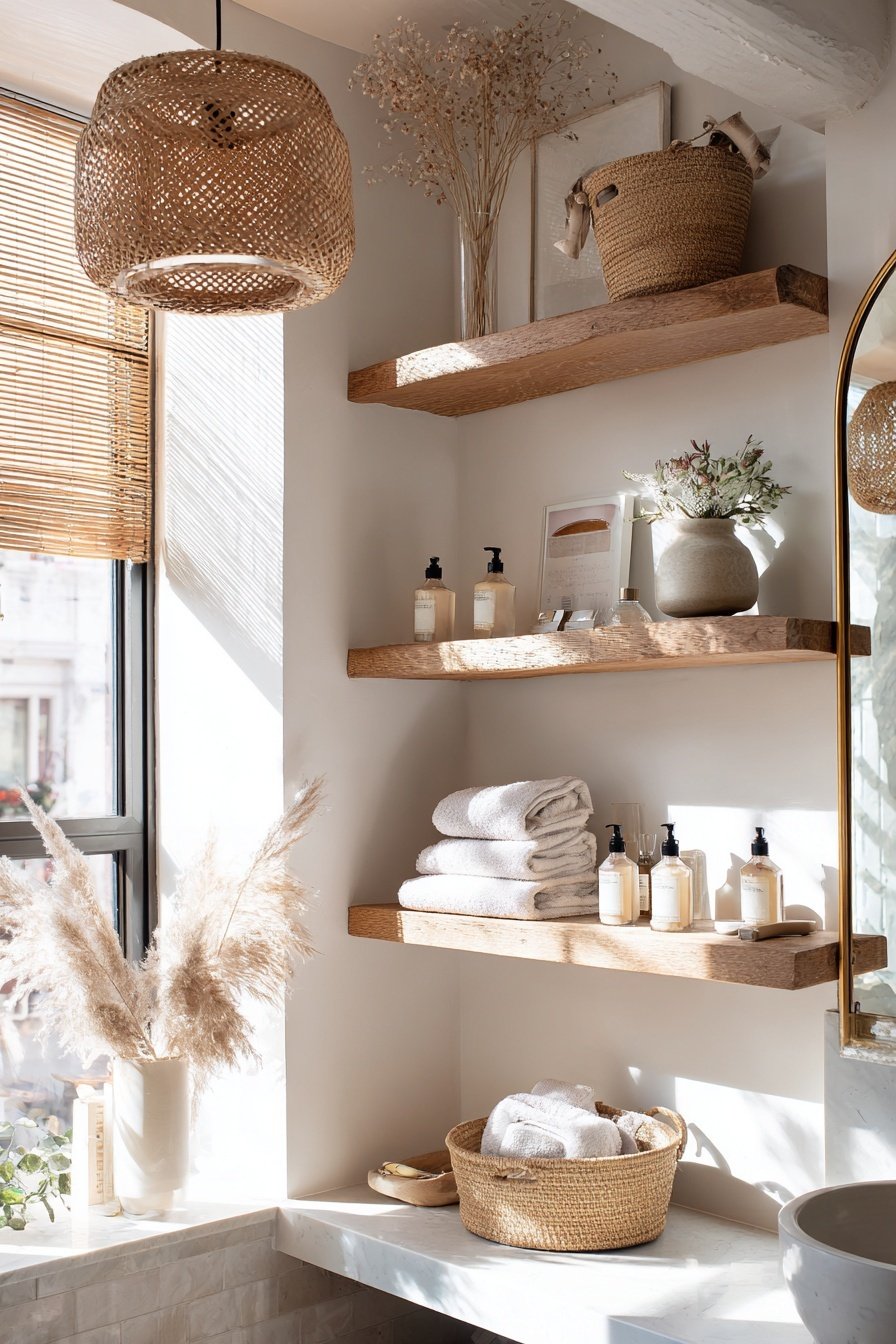 Regale mit Handtüchern, Seifen und Deko im sonnendurchfluteten Gäste-WC mit Fenster