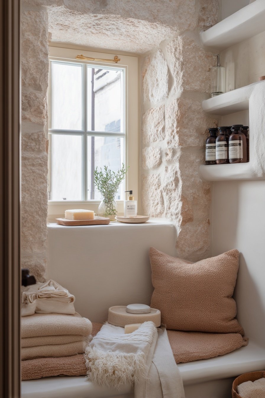 Kleines Gäste WC mit Steinwand, Fenster, Handtüchern und Pflegeprodukten in warmen Farben