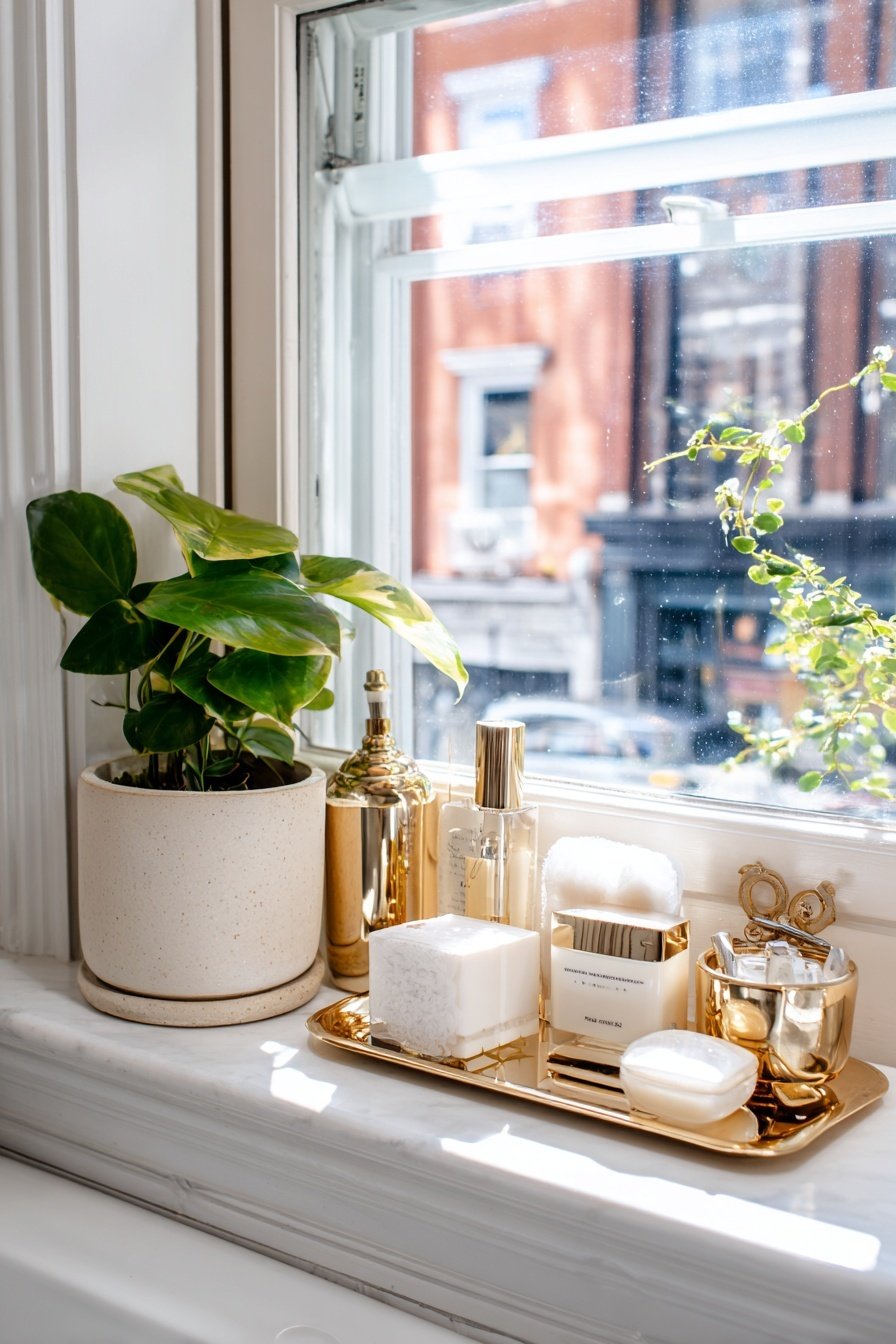 Goldenes Tablett mit Pflegeprodukten und Pflanze auf Fensterbank im Gäste-WC