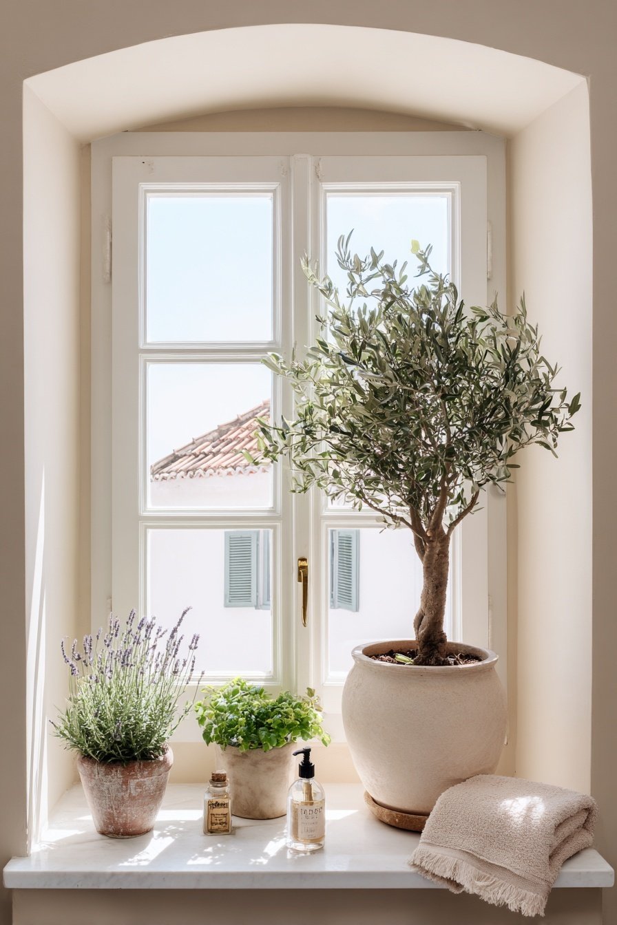 Fensterbank mit dekorativen Pflanzen, Handtuch und Seifenspender im hellen Gäste-WC