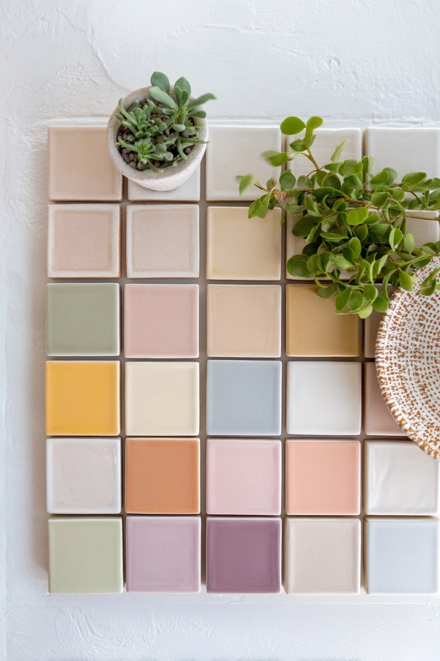 Fliesen in Pastellfarben mit kleinen Pflanzen dekoriert