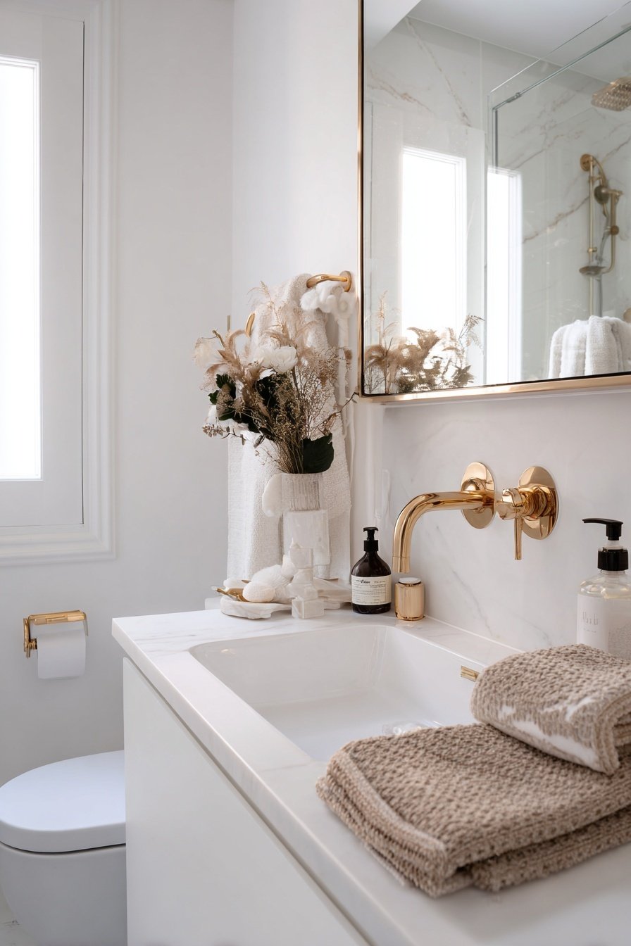 Modernes kleines Gäste-WC mit goldenen Armaturen und eleganter Deko