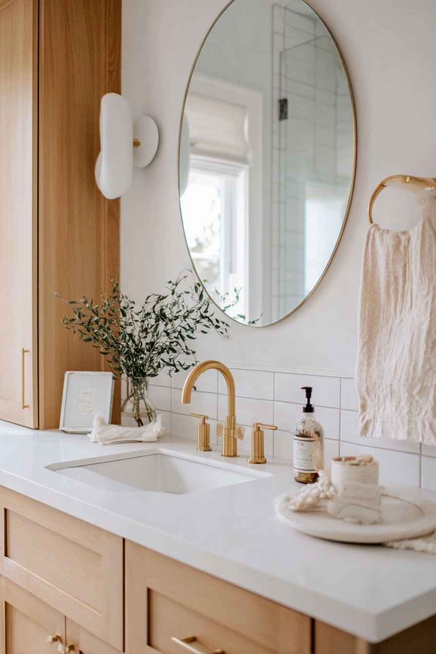 Modernes Gäste-WC mit goldenen Armaturen, Holzschrank, rundem Spiegel und Dekoration