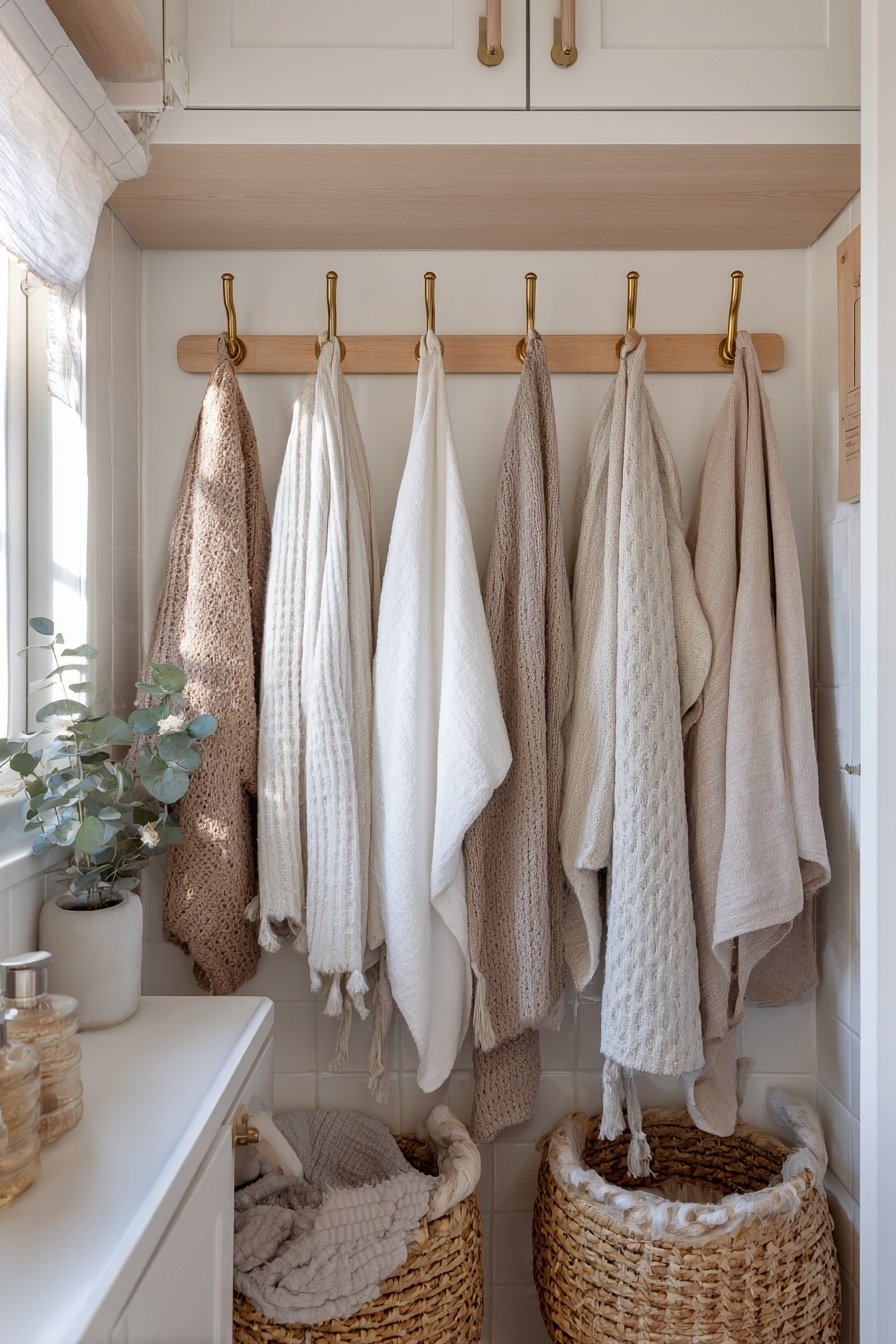 Hakenleiste mit beigen und weißen Handtüchern über zwei Flechtkörben im kleinen Bad