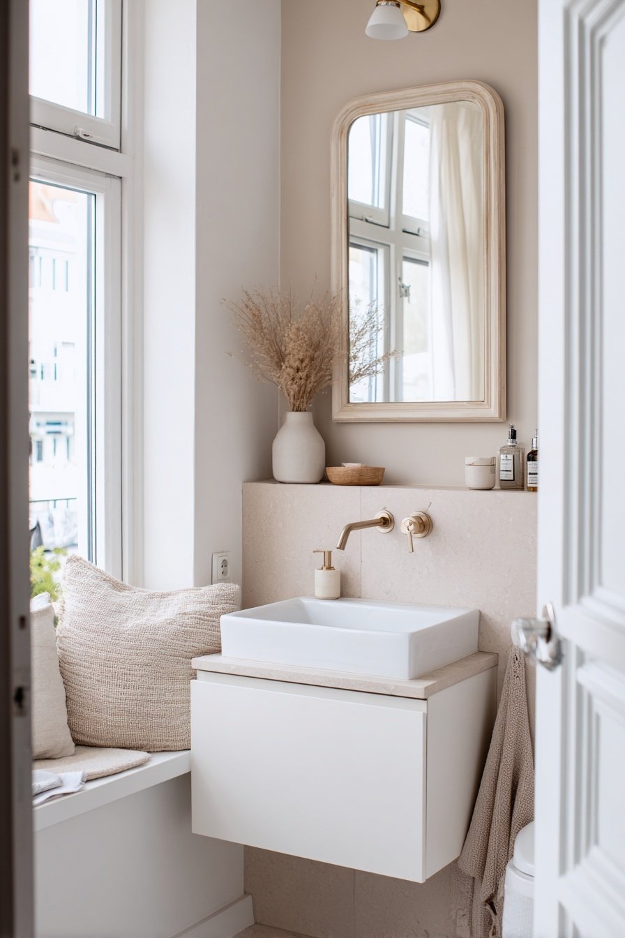 Modernes Gäste-WC mit Wandwaschbecken, Spiegel und Fensterbank mit Kissen