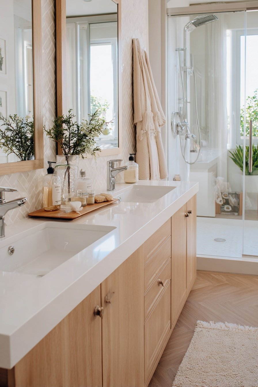 Modernes Gäste-WC mit Holz-Waschtisch, Doppelspiegeln und bodengleicher Dusche