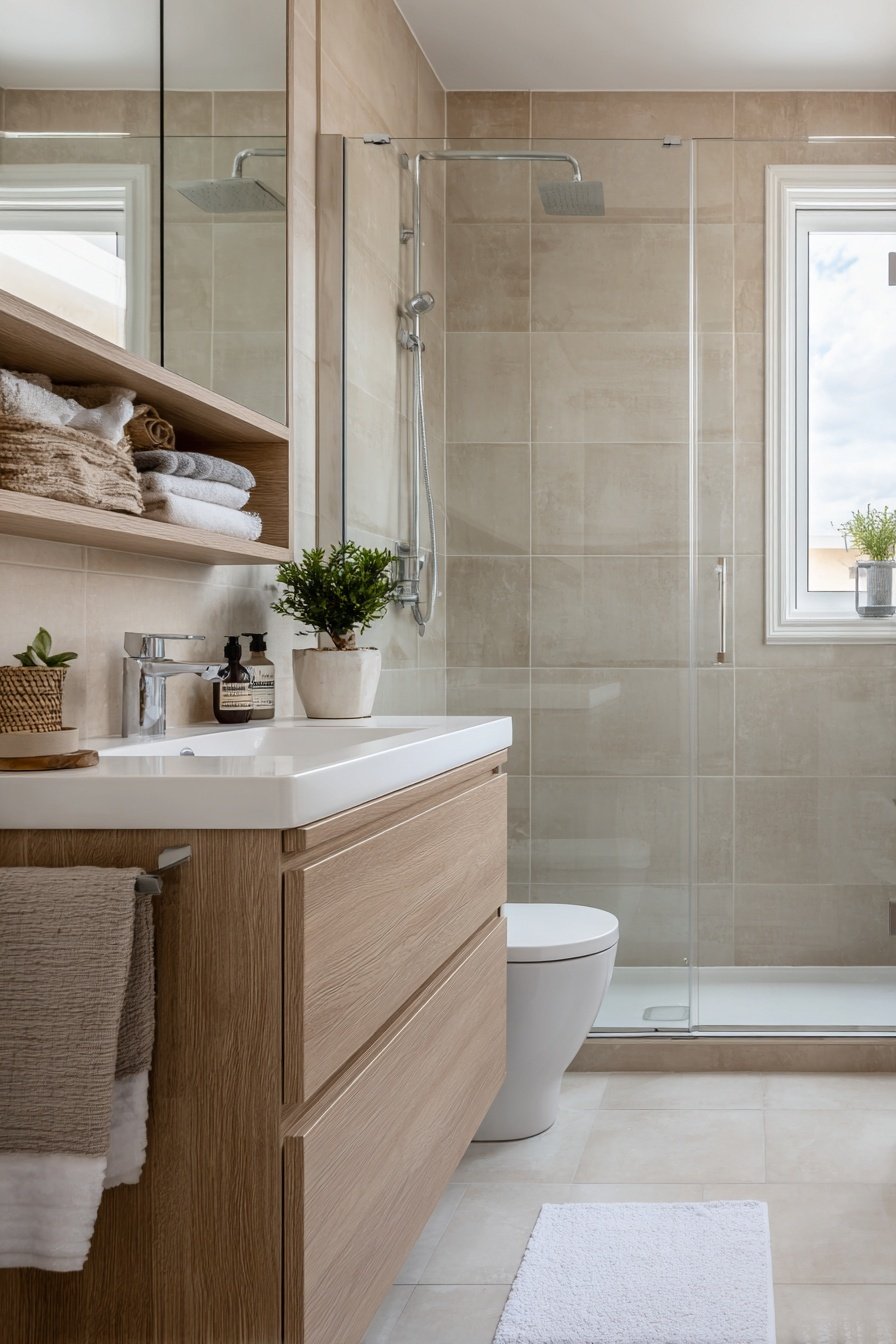 Modernes Gäste-WC mit Dusche und Holzwaschtisch