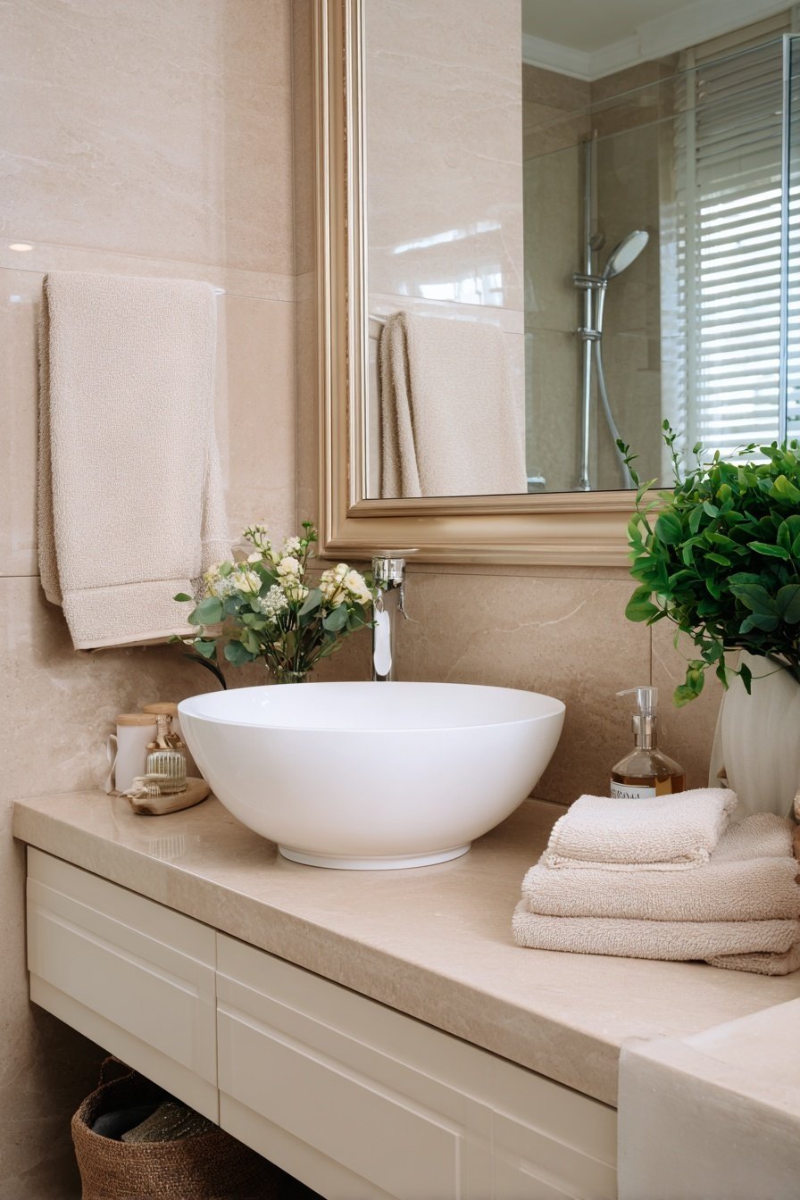 Modernes Gäste-WC mit beiger Natursteinoptik, weißen Handtüchern und runder Aufsatzwaschschale