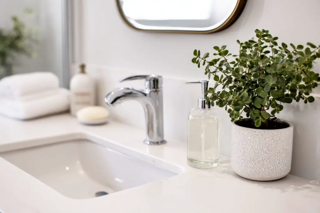 Waschbecken mit Pflanze, Seifenspender und Handtüchern