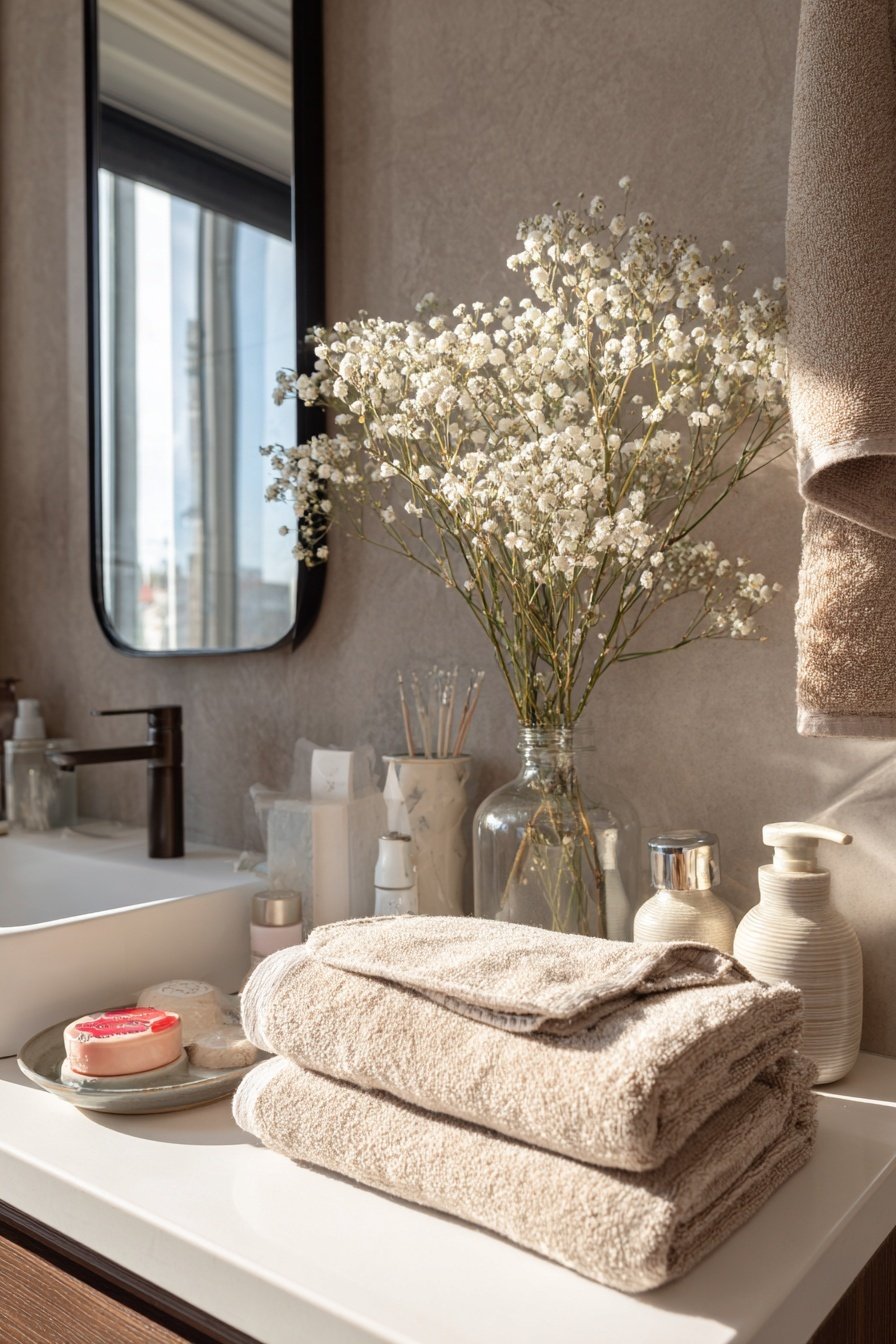 Beige Handtücher, Seifenspender und Glasvase mit Blumen neben dunklem Wasserhahn im Gäste-WC