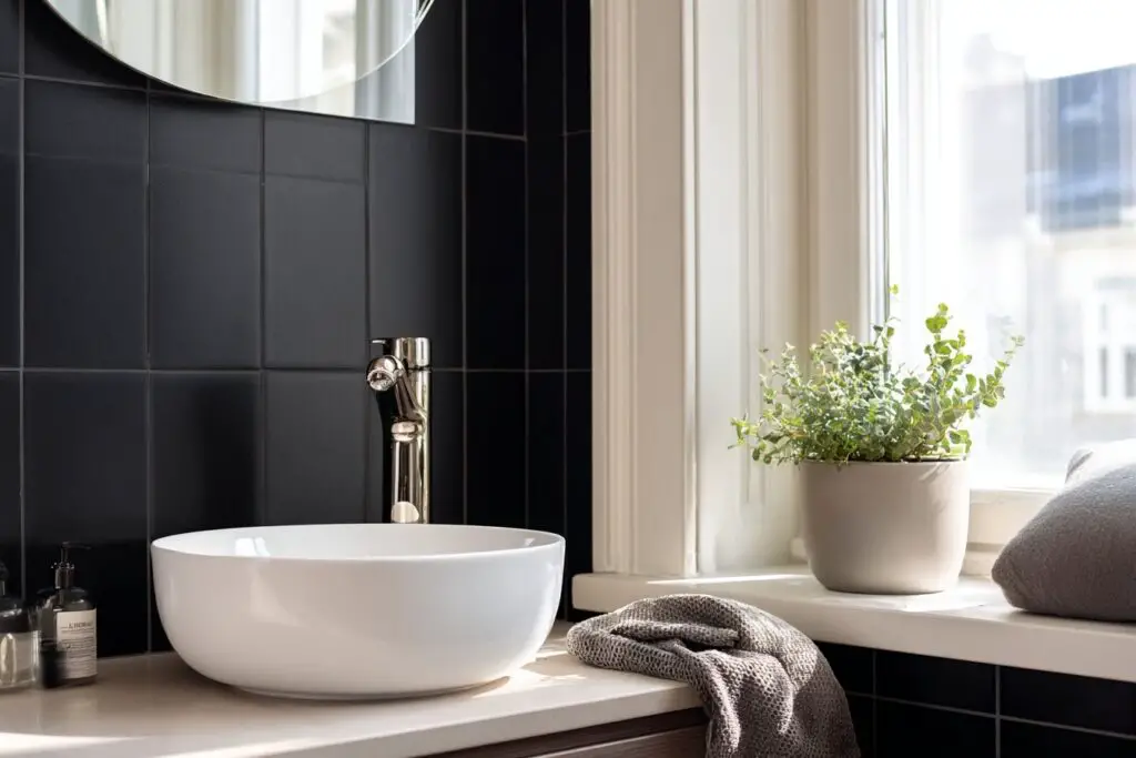 Waschbecken mit schwarzer Fliesenwand im Gäste WC