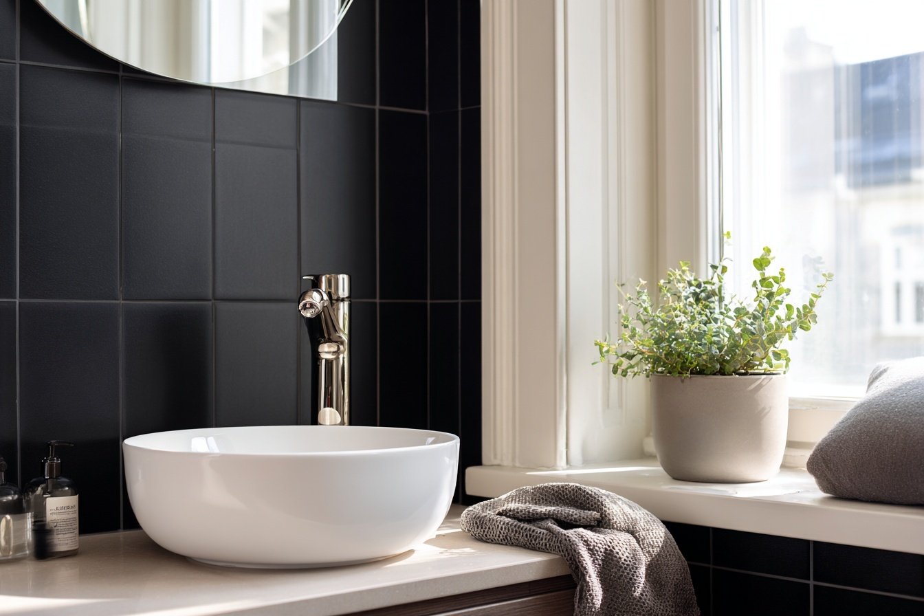 Waschbecken mit schwarzer Fliesenwand im Gäste WC