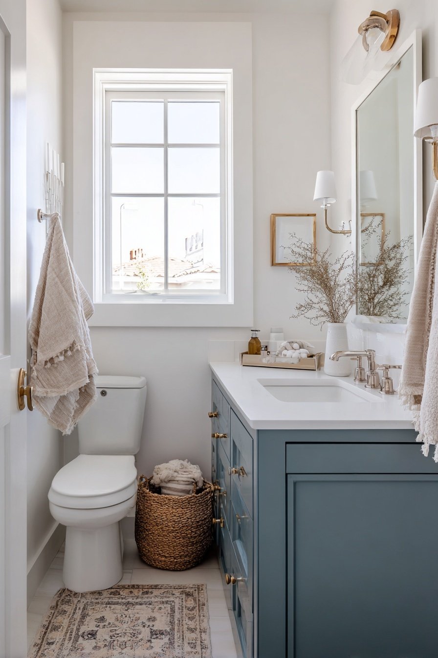 Kleines, stilvoll eingerichtetes Gäste-WC mit Fenster, blauer Kommode und natürlichem Dekor