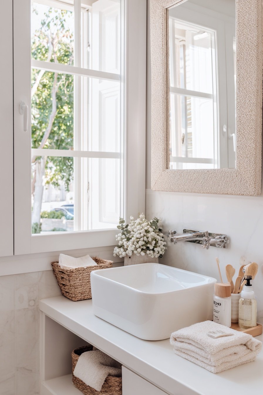 Kleines, helles Gäste-WC mit Fenster, Aufsatzwaschbecken und Naturdeko