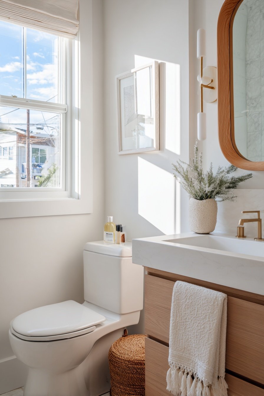 Kleines Gäste-WC mit Fenster, Naturdeko, helle Holz- und Weißtöne