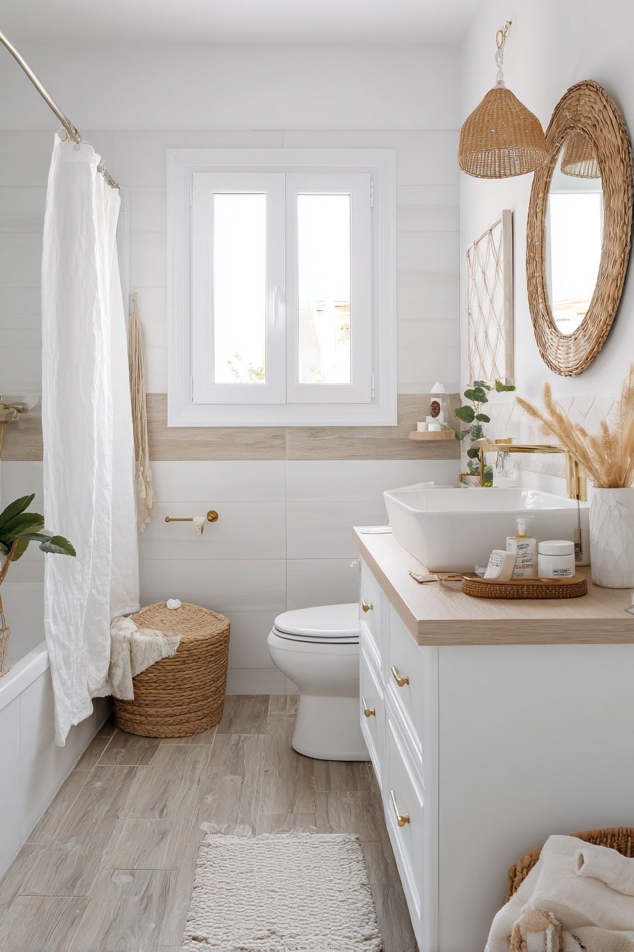 Helles kleines Gäste-WC mit Fenster, Holzdetails und natürlichen Dekoelementen