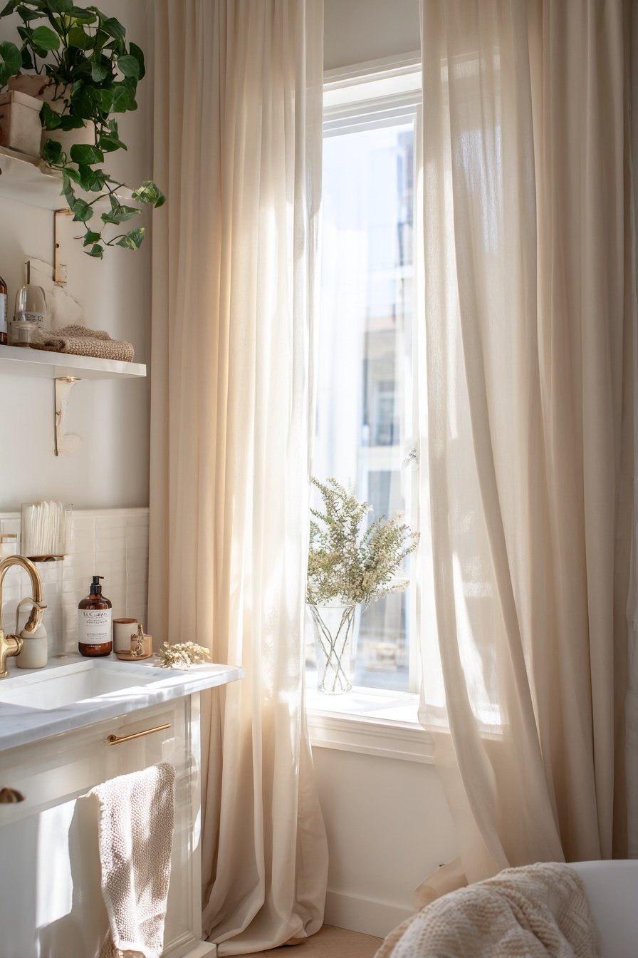 Helles Gäste-WC mit goldenen Armaturen, Pflanzen und lichtdurchflutetem Fenster mit beigen Vorhängen