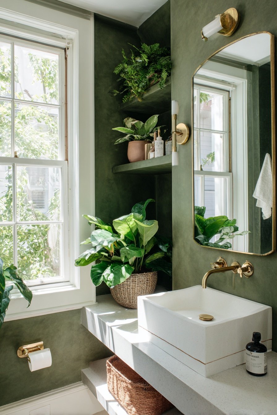 Kleines Gäste-WC mit grün gestrichenen Wänden, hellen Holzdetails, großem Fenster und Pflanzen
