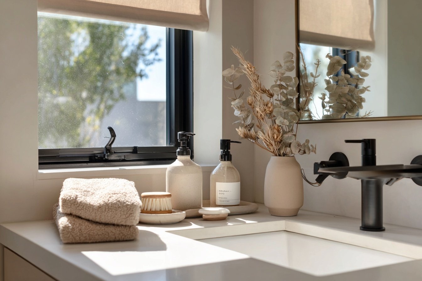Waschbecken mit Seifenspendern, Handtüchern und Fenster im Gäste WC