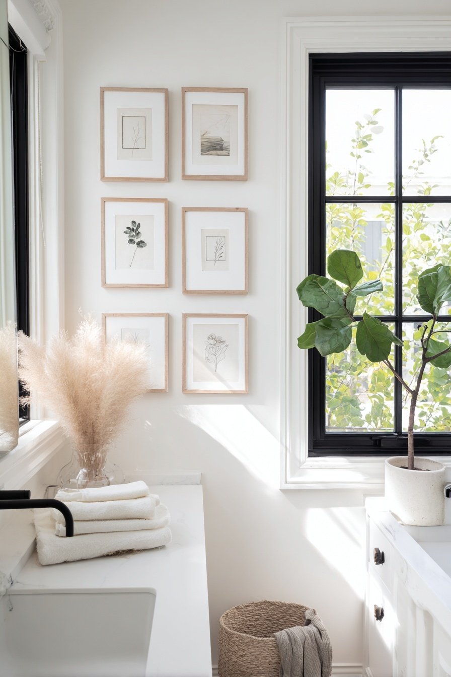 Helles Gäste-WC mit Fenster, Pflanzen, Naturbildern und Handtüchern