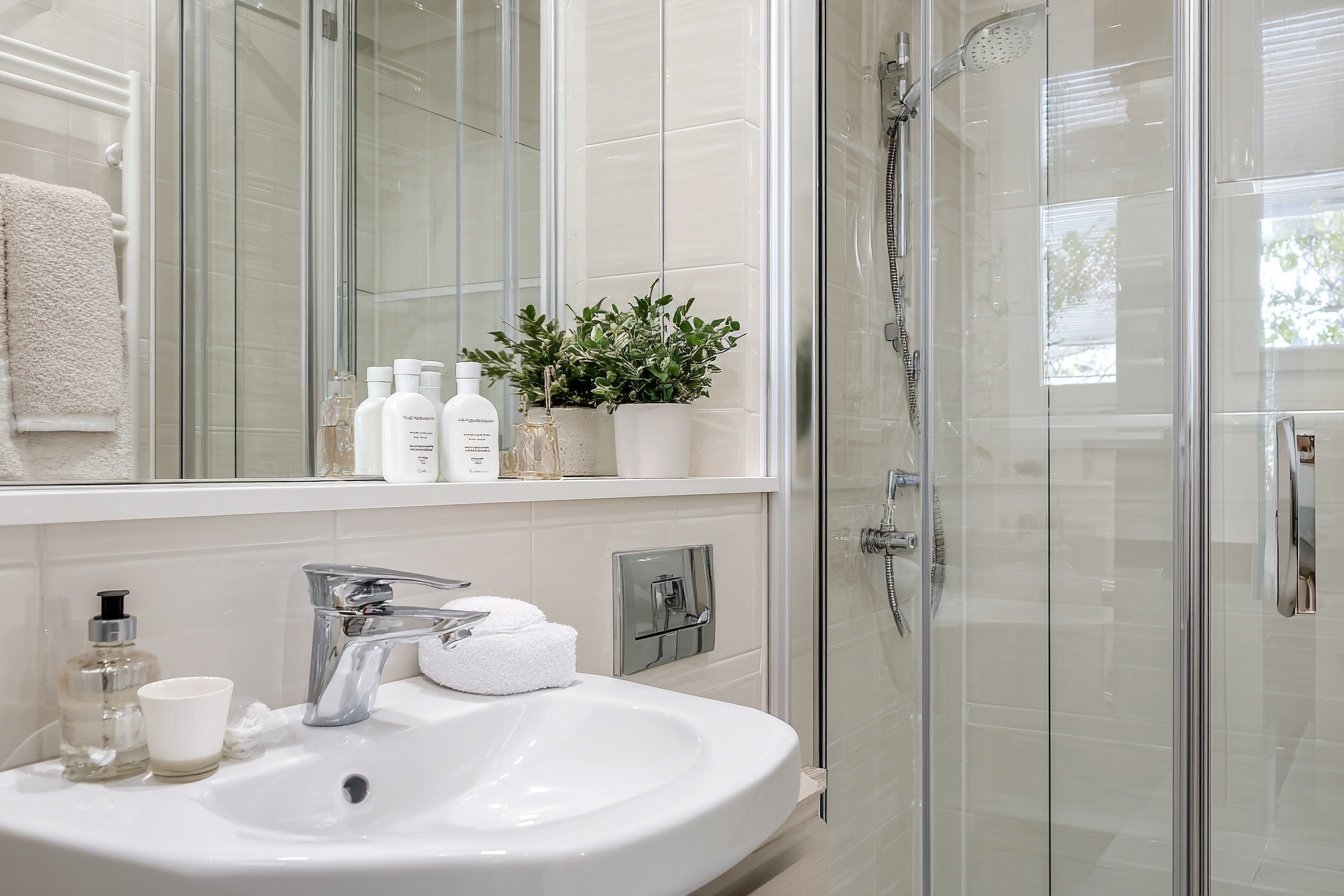 kleines modernes Gäste WC mit Glasdusche und Waschbecken