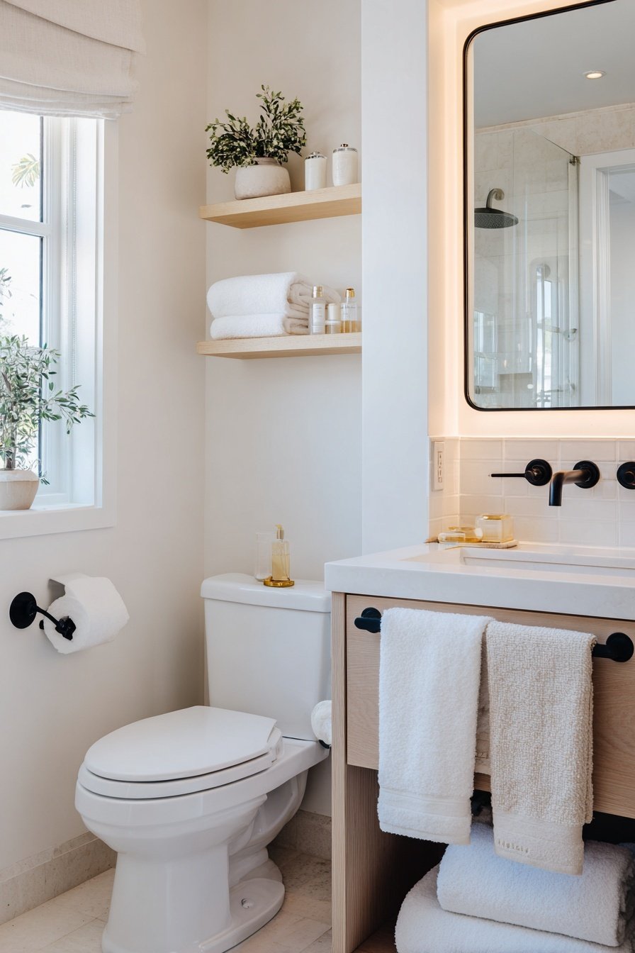 Modernes, helles Gäste-WC mit Holzregalen, weißen Handtüchern und schwarzem Armaturen-Highlight