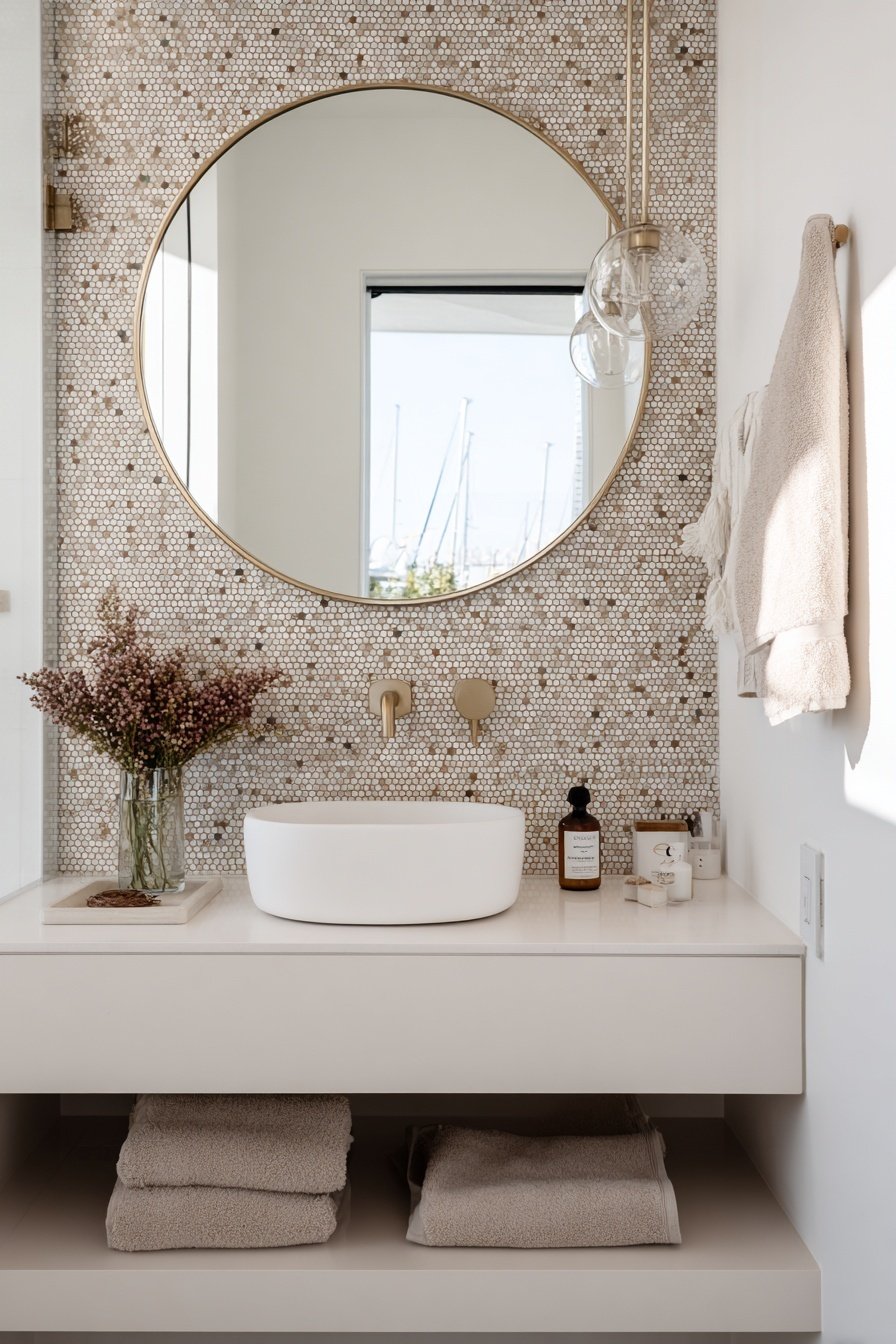 Modernes Gäste WC mit rundem Spiegel, Mosaikfliesen und weißem Aufsatzwaschbecken