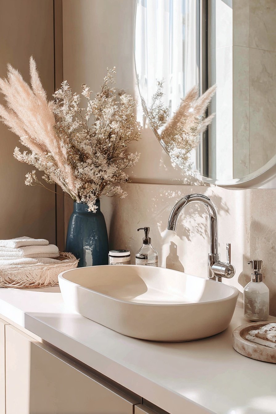 Helles Gäste-WC mit ovalem Waschbecken, Trockenblumen-Deko und runder Spiegel