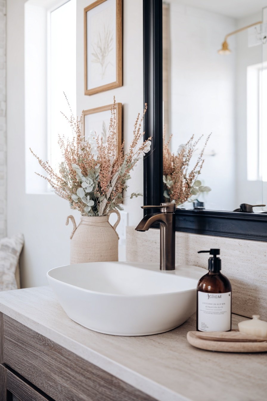 Dekoratives Gäste-WC mit Trockenblumen und Naturdetails