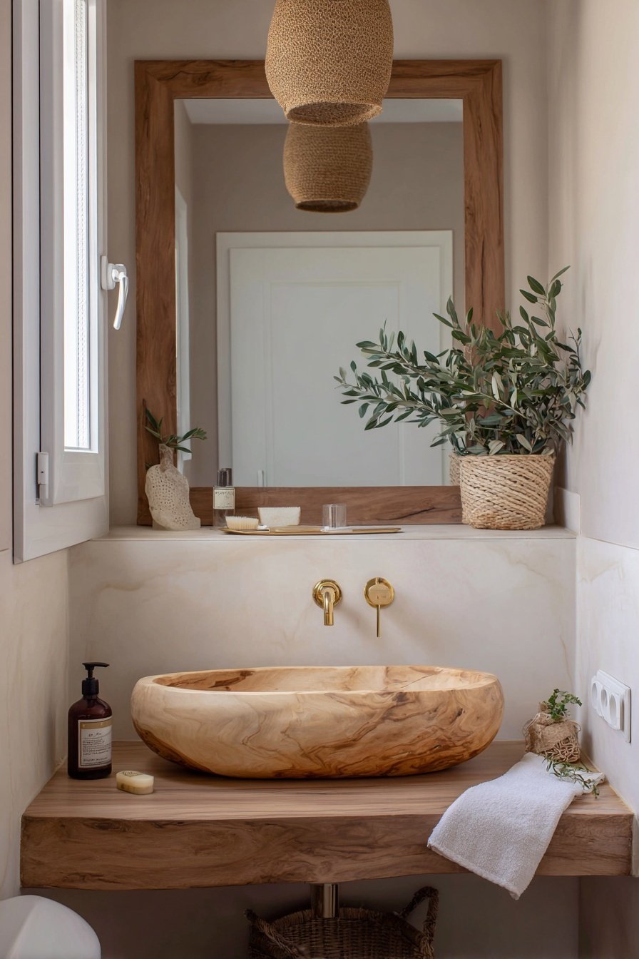 Holzwaschbecken mit goldener Armatur, Spiegel mit Holzrahmen und Deko aus Olivenzweigen