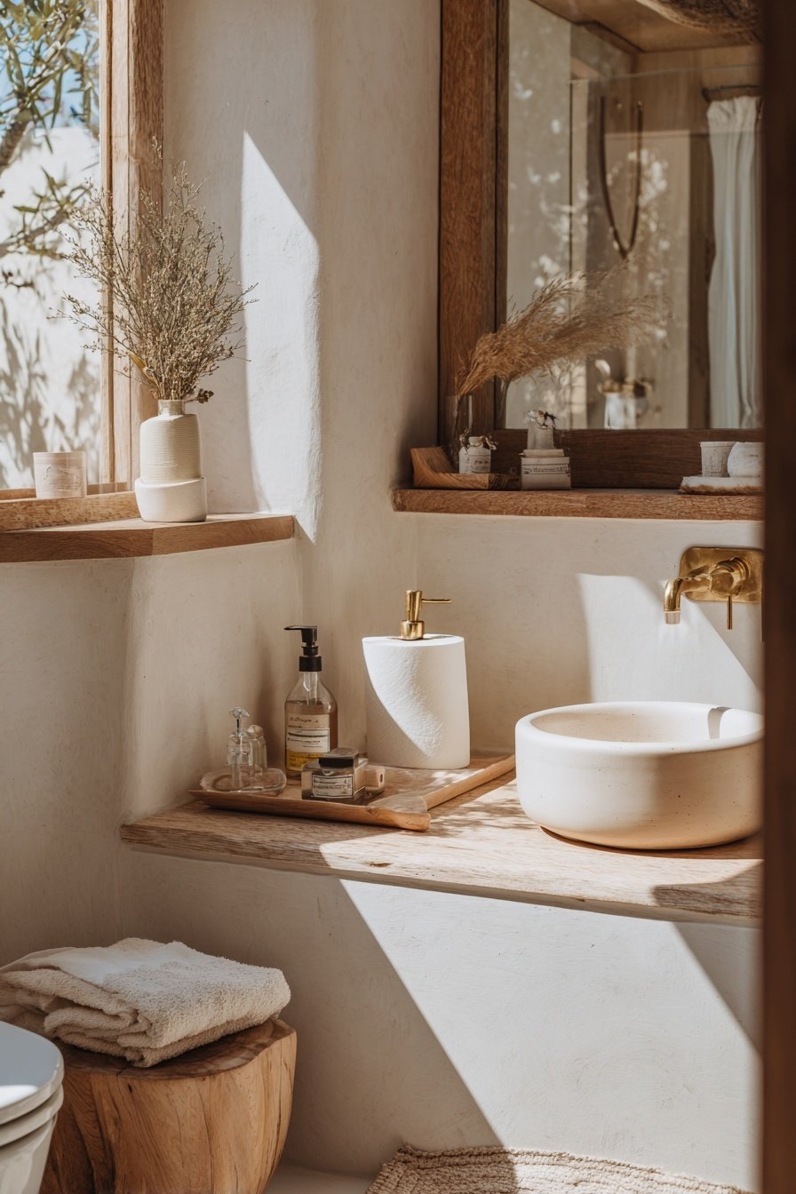 Gäste-WC mit Waschbecken, Holzdetails und natürlichen Dekoelementen