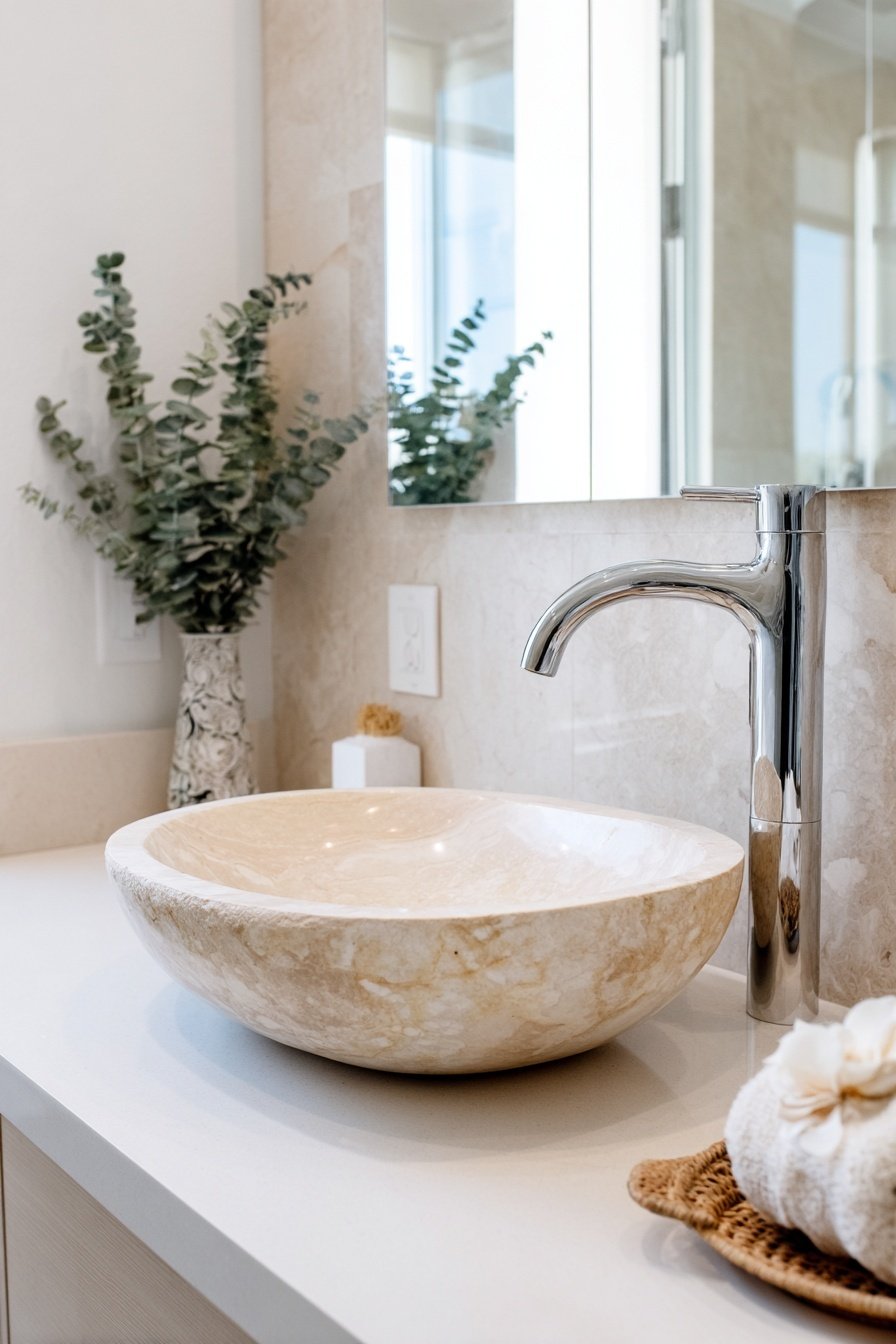 Naturstein-Waschbecken mit moderner Armatur im Gäste-WC