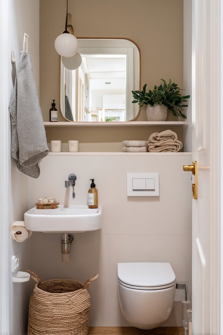 Modernes, kleines Gäste WC mit Wandspiegel, Pflanzen und hängendem Waschbecken