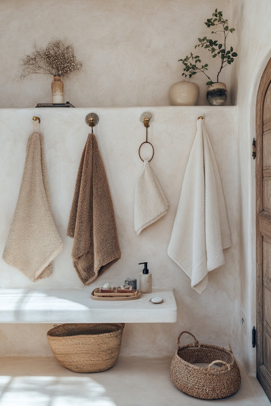 Kleines Gäste-WC mit Handtüchern in Naturtönen, Trockenblumen und Körben