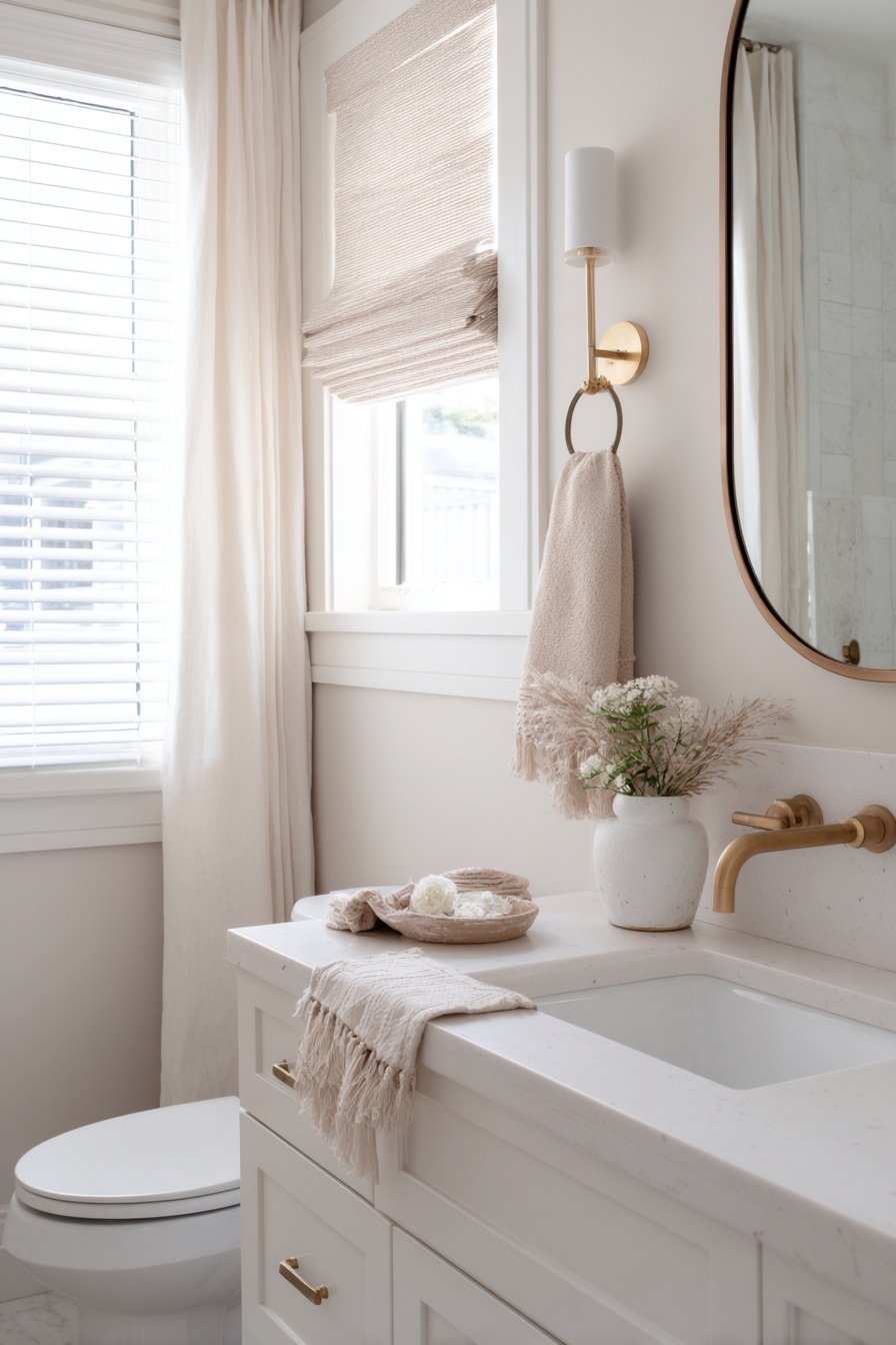 Helles, modern eingerichtetes Gäste-WC mit Naturtönen und goldenen Armaturen